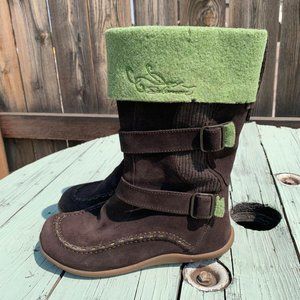 LIQUIDATION SALE! Salomon Suede RUBY Boots with Green Wool Cuffs & Trim. Size 6